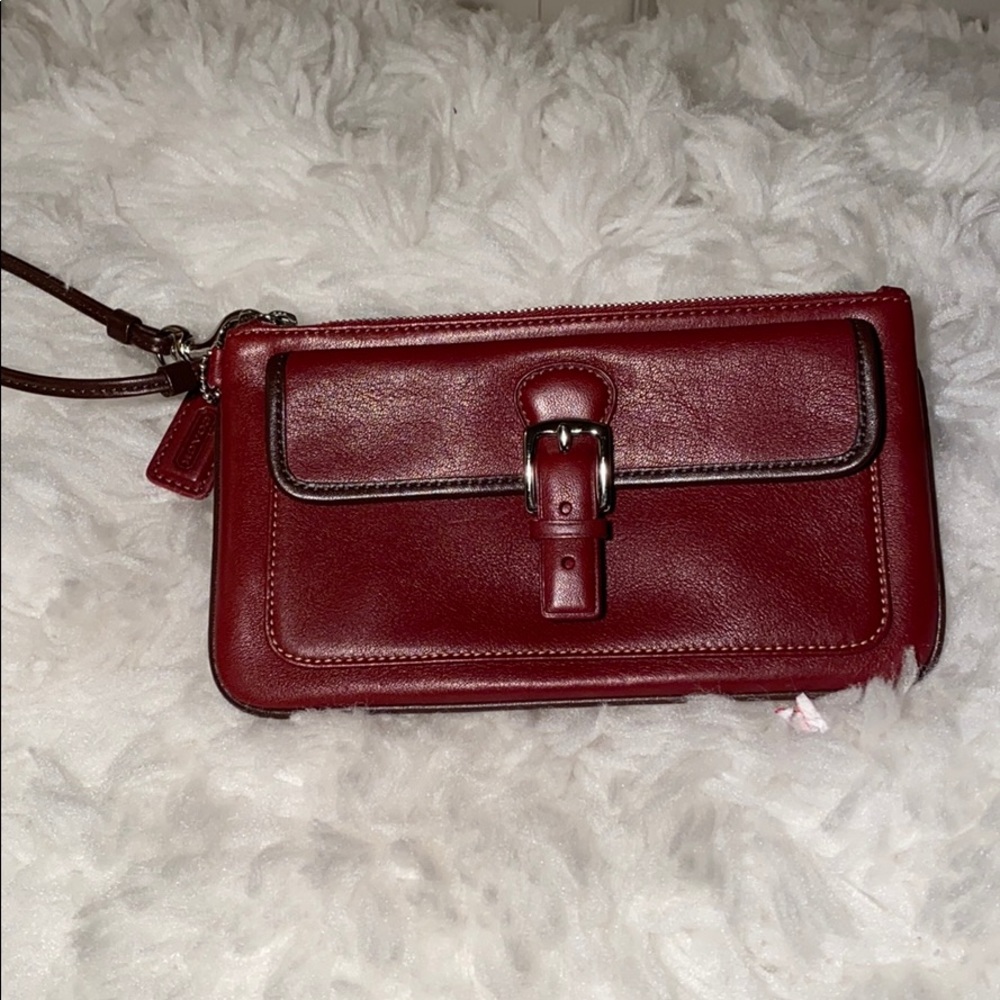 Coach wristlet red leather with brown detailing